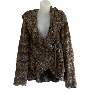 Silvia Novelli Italy Melange Yarn Brown L Shawl Collar Cardigan Tie Wool Blend